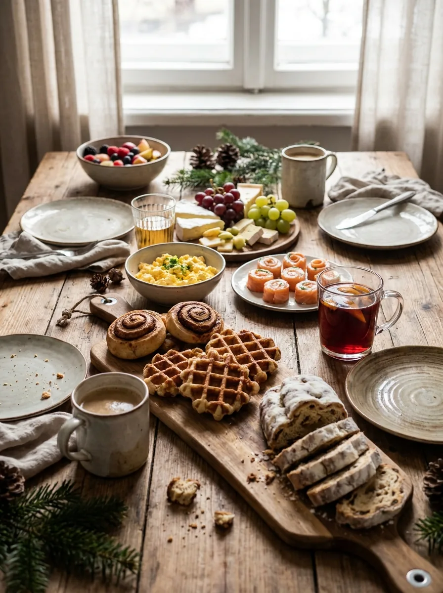 Illustrativer Weihnachtsbrunch mit Waffeln, Gebäck, Rührei, Lachsbrötchen, Obst und Käse