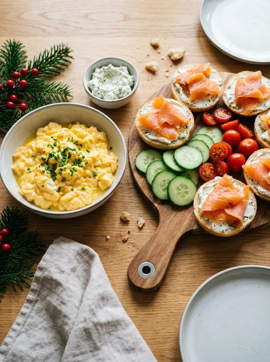 Illustratives herzhaftes Weihnachtsfrühstück mit Rührei und Brötchen