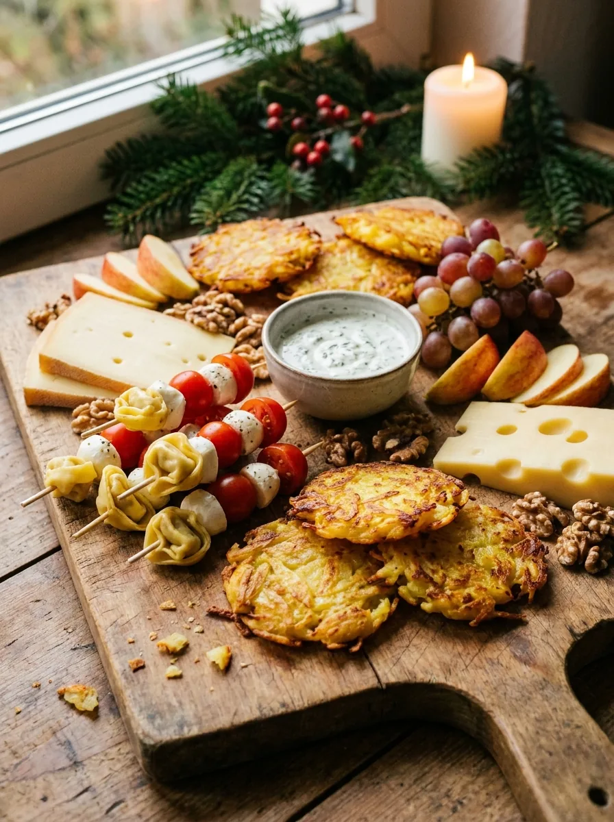 Illustrative herzhafte Weihnachtsbrunch-Platte mit Käse, Trauben und kleinen Häppchen