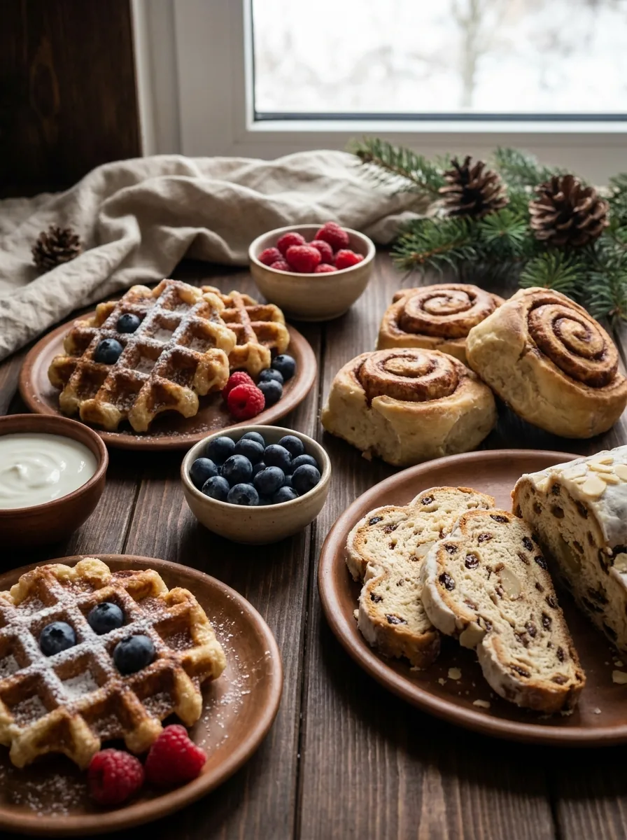 Illustrativer süßer Weihnachtsbrunch mit Waffeln, Zimtschnecken, Stollen und Beeren