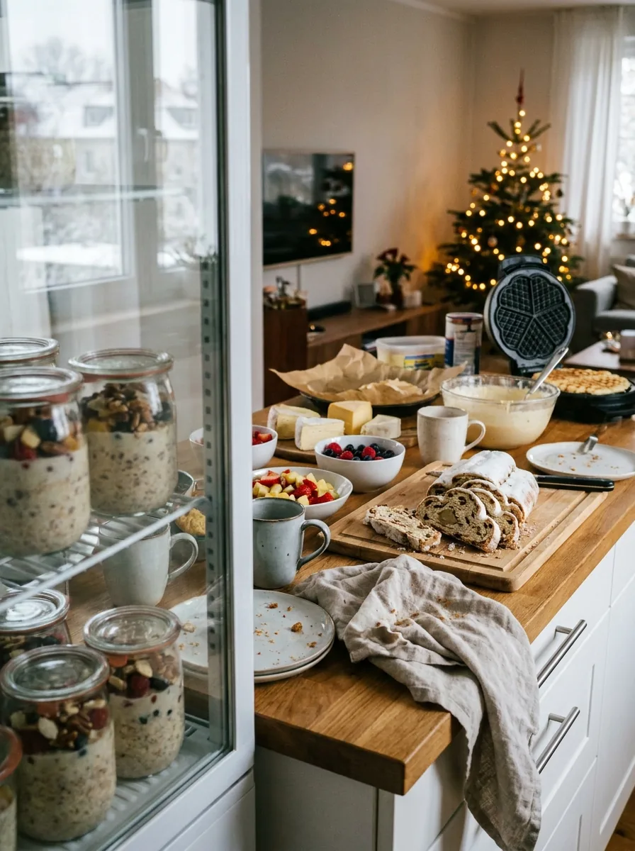 Illustrativ vorbereiteter Weihnachtsbrunch mit Overnight Oats, Stollen, Obst und Käse