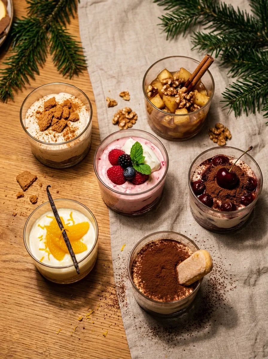 Illustrative Auswahl aus Weihnachtsdesserts im Glas mit Spekulatius, Apfel, Beeren und Schokolade