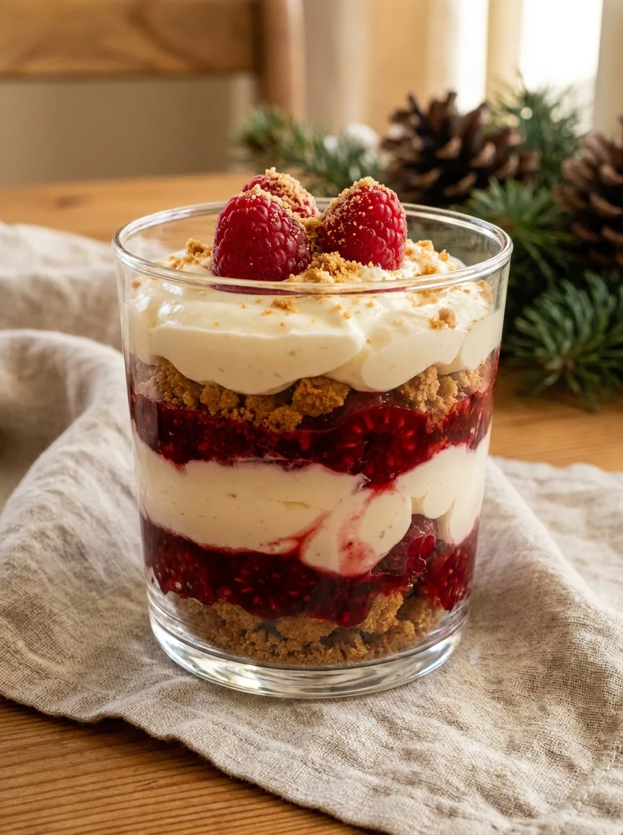Illustratives Himbeer-Mascarpone-Weihnachtsdessert mit Keksbröseln im Glas