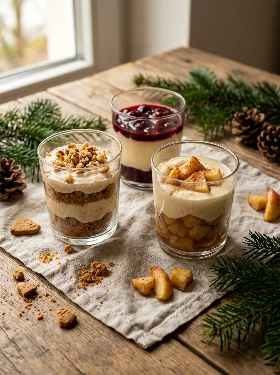 Illustrative Weihnachtsdesserts im Glas mit Spekulatius-Creme und Bratapfel-Schichten