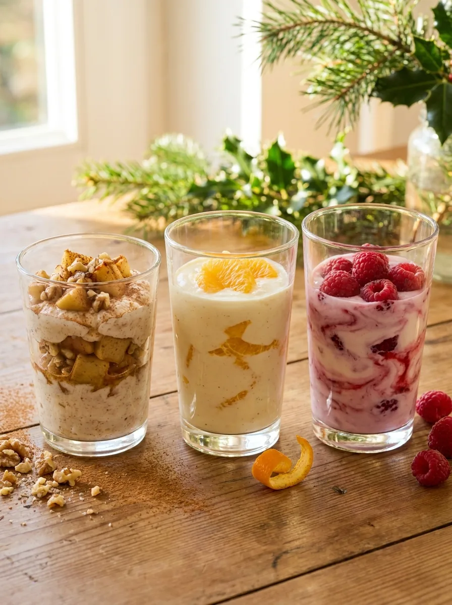 Illustrative leichte Weihnachtsdesserts mit Apfel, Orange und Himbeeren