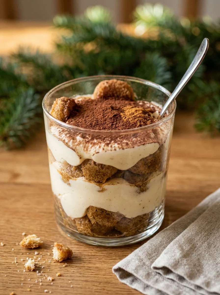 Illustratives alkoholfreies Weihnachts-Tiramisu im Glas mit Kakao