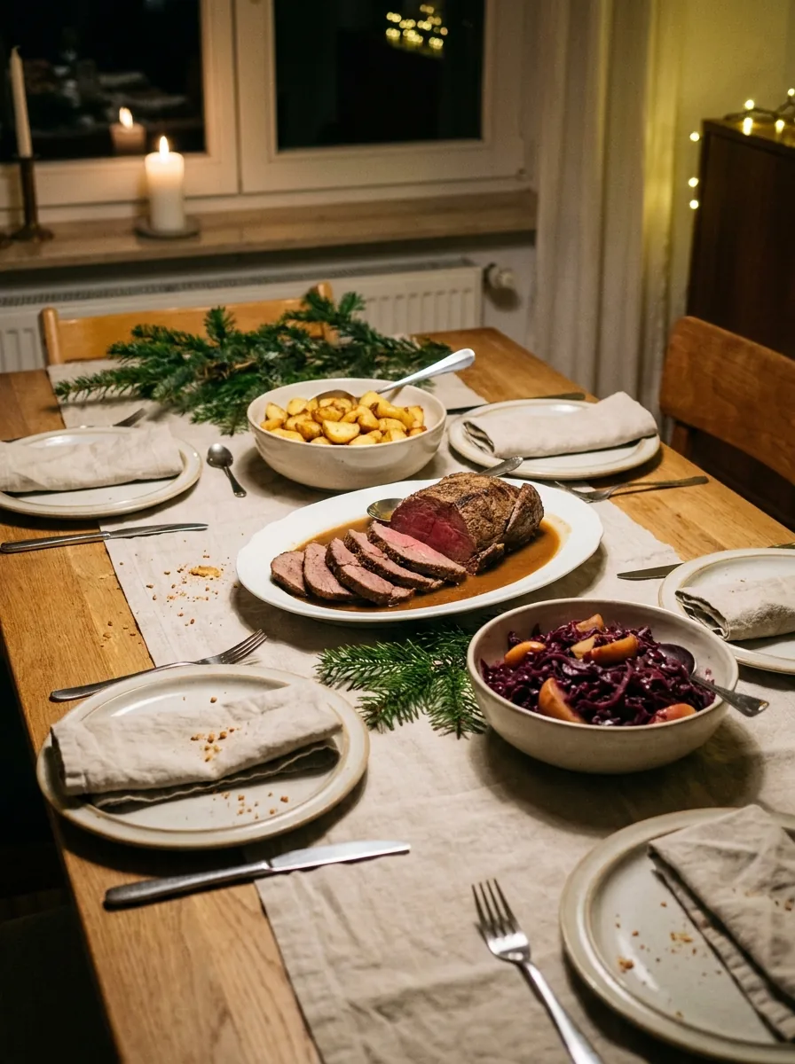 Illustrativer weihnachtlicher Esstisch mit verschiedenen festlichen Hauptgerichten
