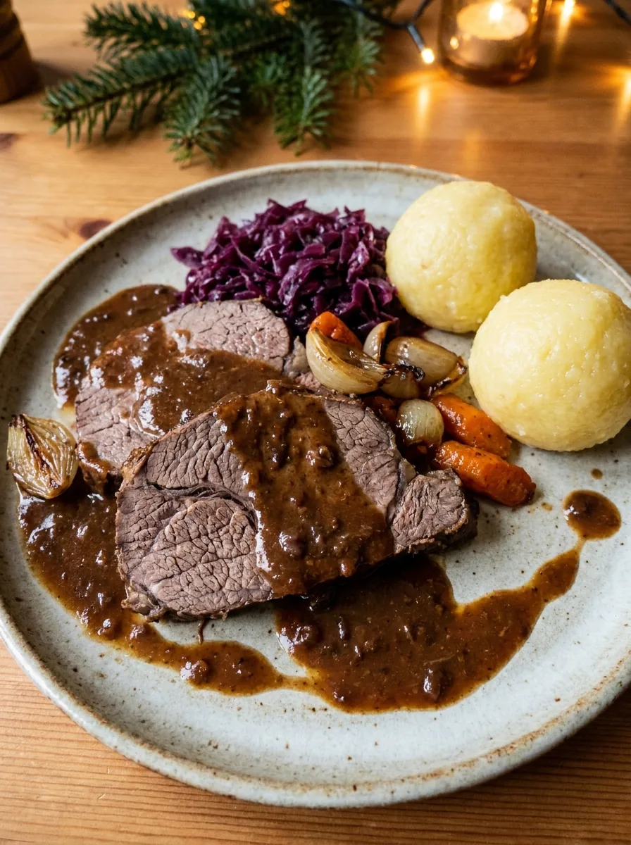Illustrativer Rinderbraten mit Sauce und klassischen Beilagen