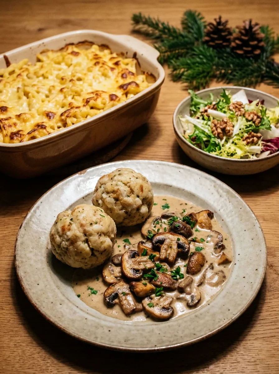 Illustrative vegetarische Weihnachts-Hauptgerichte mit Auflauf und Gemüse