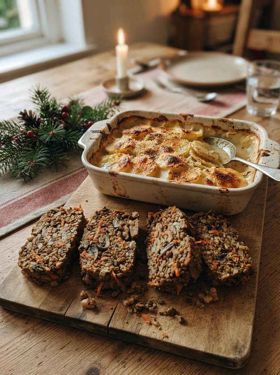 Illustratives Kartoffelgratin und vegetarischer Linsenbraten