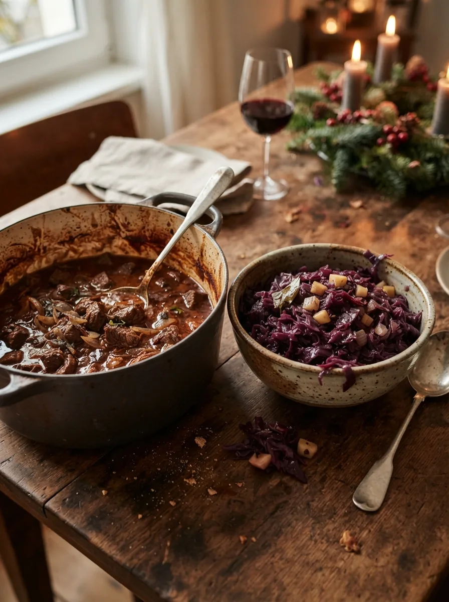 Illustratives Rindergulasch und Apfel-Rotkohl