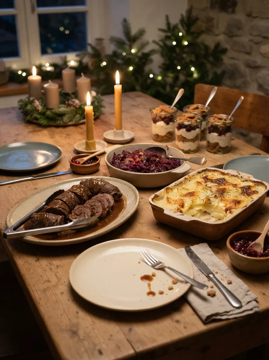 Illustratives vorbereitetes Weihnachtsessen mit Rouladen, Rotkohl, Gratin und Dessert