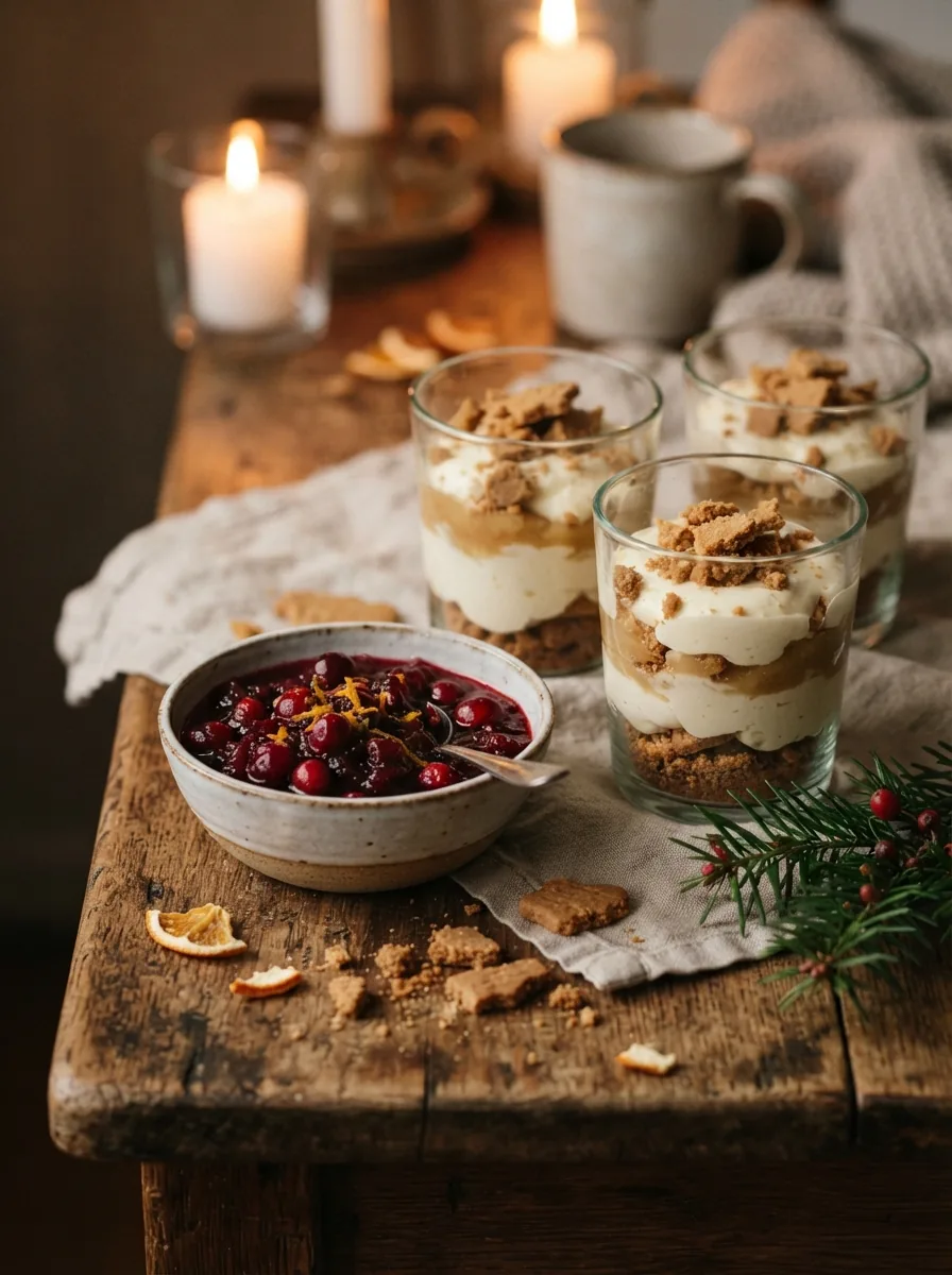Illustrative Preiselbeer-Sauce und Spekulatius-Dessert im Glas