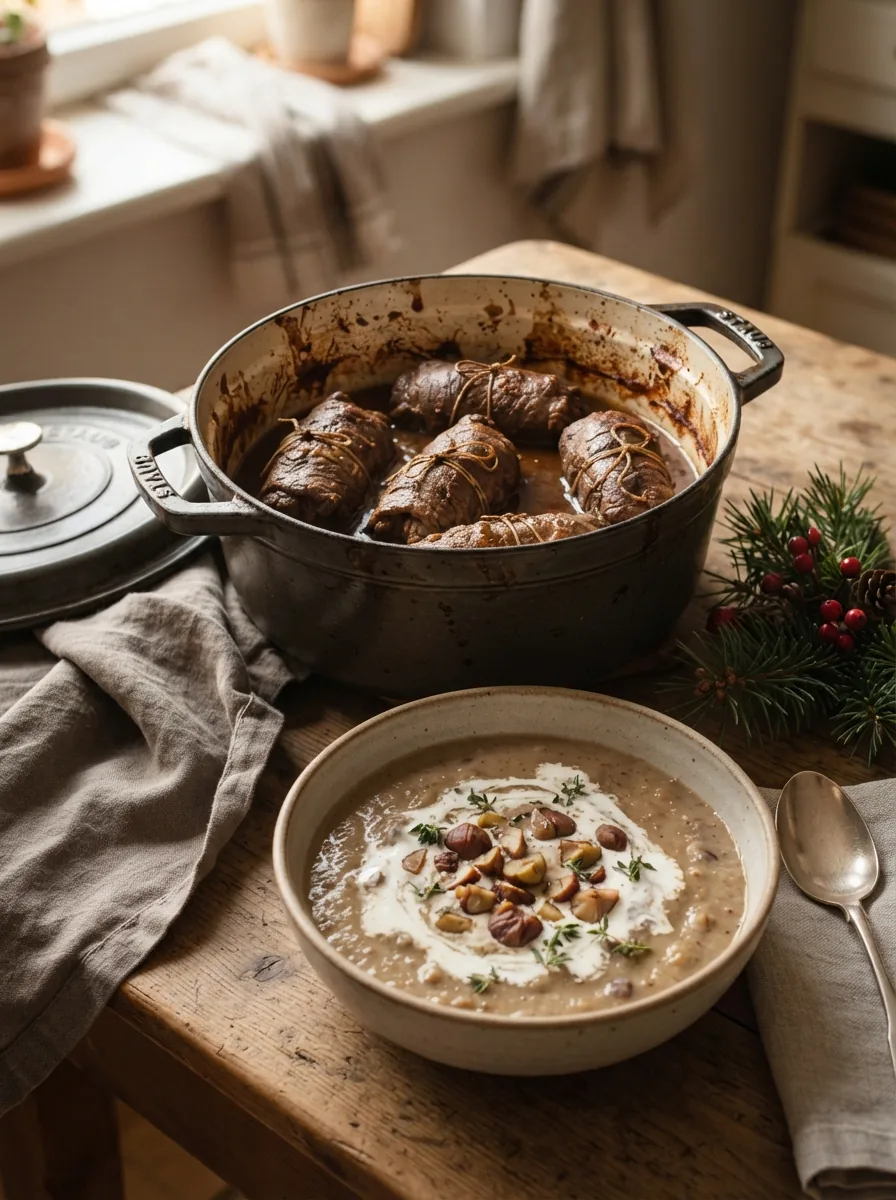 Illustrative Maronensuppe und Rinderrouladen als vorbereitbares Weihnachtsessen