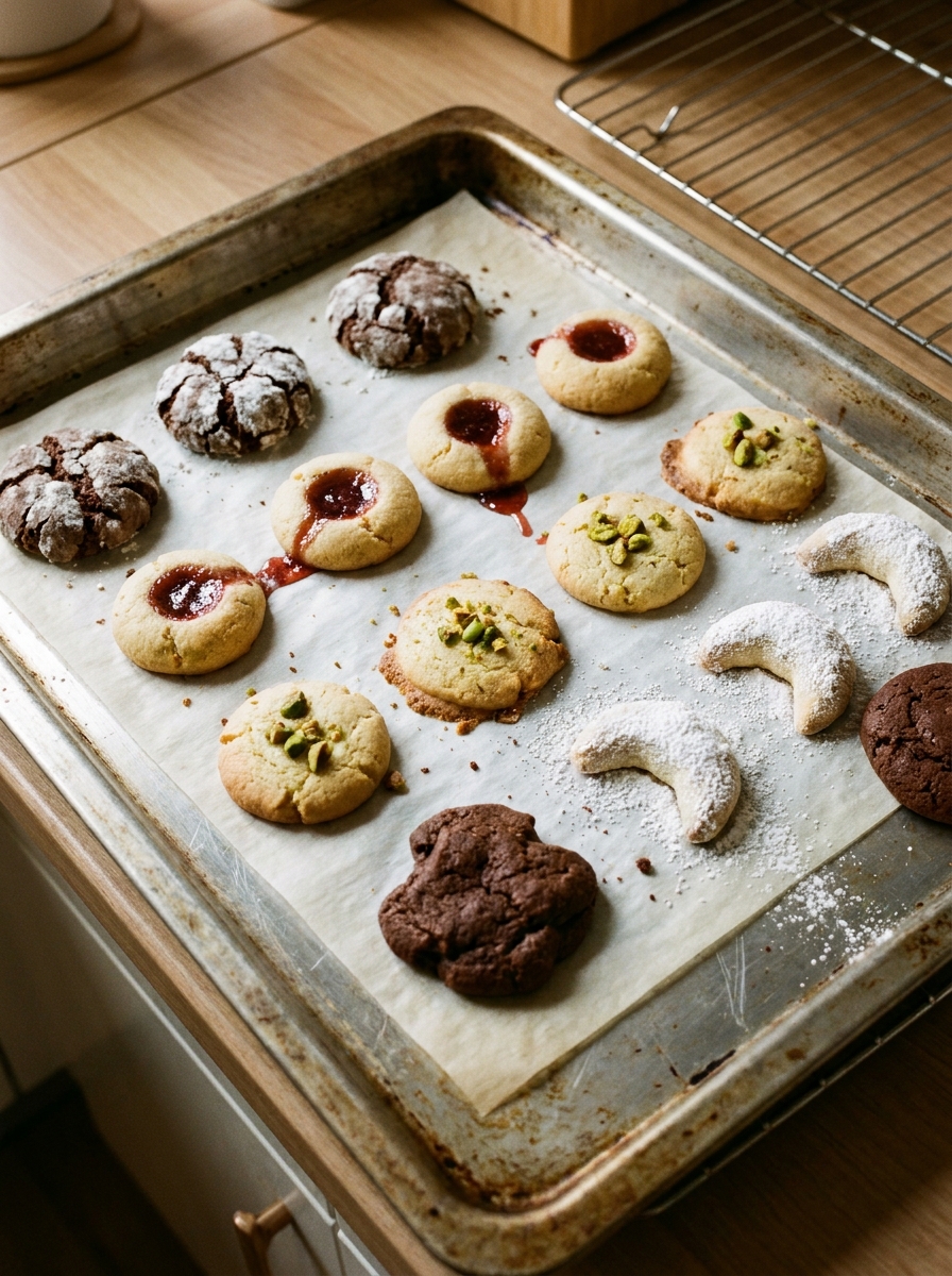 Verschiedene besondere Weihnachtsplätzchen auf einem Backblech