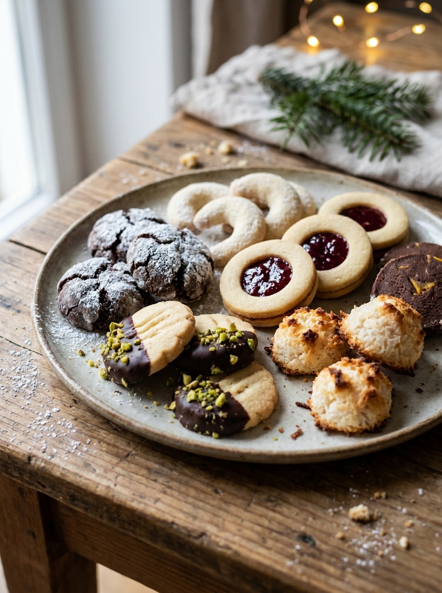 Besondere Weihnachtskekse mit Schokolade, Pistazien, Marmelade und Puderzucker
