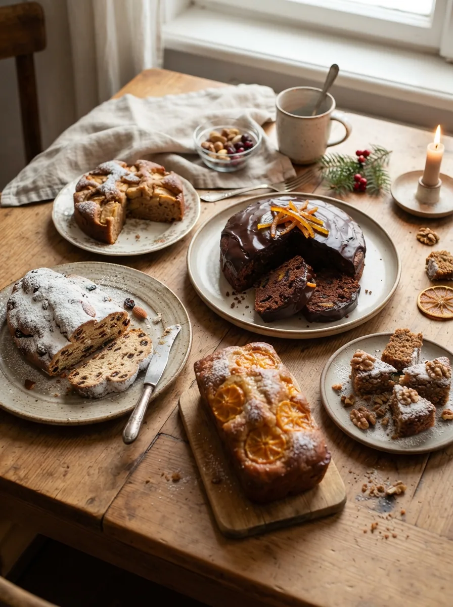 Auswahl einfacher Weihnachtskuchen mit Gewürzen, Apfel, Schokolade und Mandarinen
