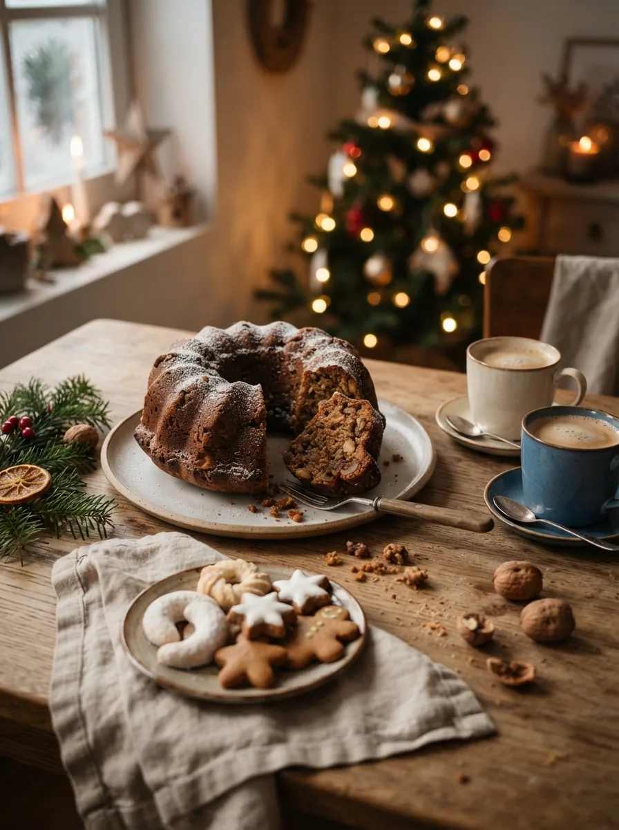 Illustrative weihnachtliche Kaffeetafel mit saftigem Gewürzkuchen, Plätzchen und Kaffee