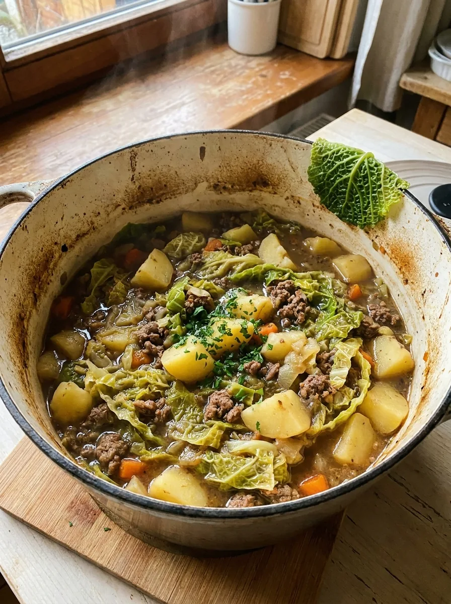 Illustrativer Wirsing-Eintopf mit Kartoffeln, Hackfleisch und Möhren