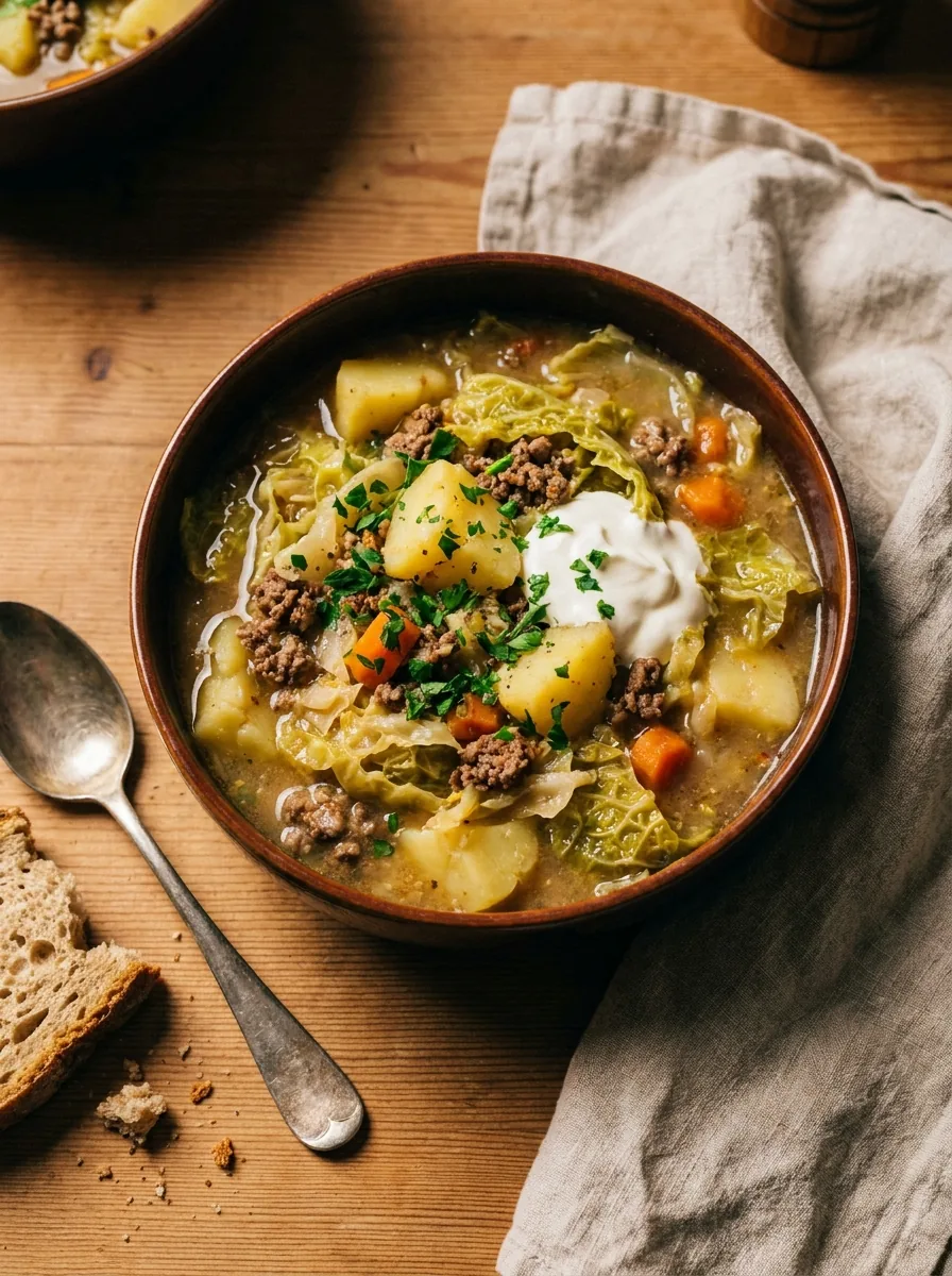 Illustrative Portion Wirsing-Eintopf mit Kartoffeln und Hackfleisch