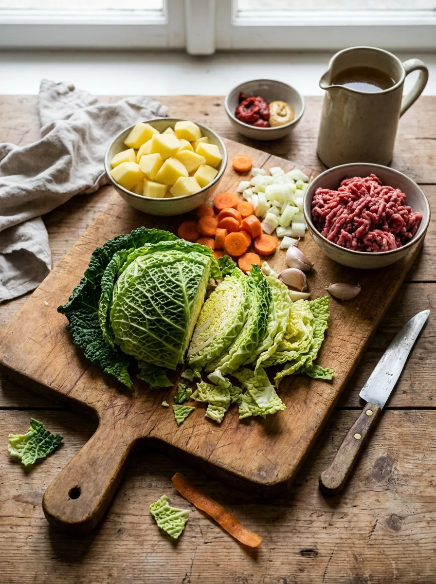 Illustrative Zutaten für Wirsing-Eintopf mit Kartoffeln und Hackfleisch