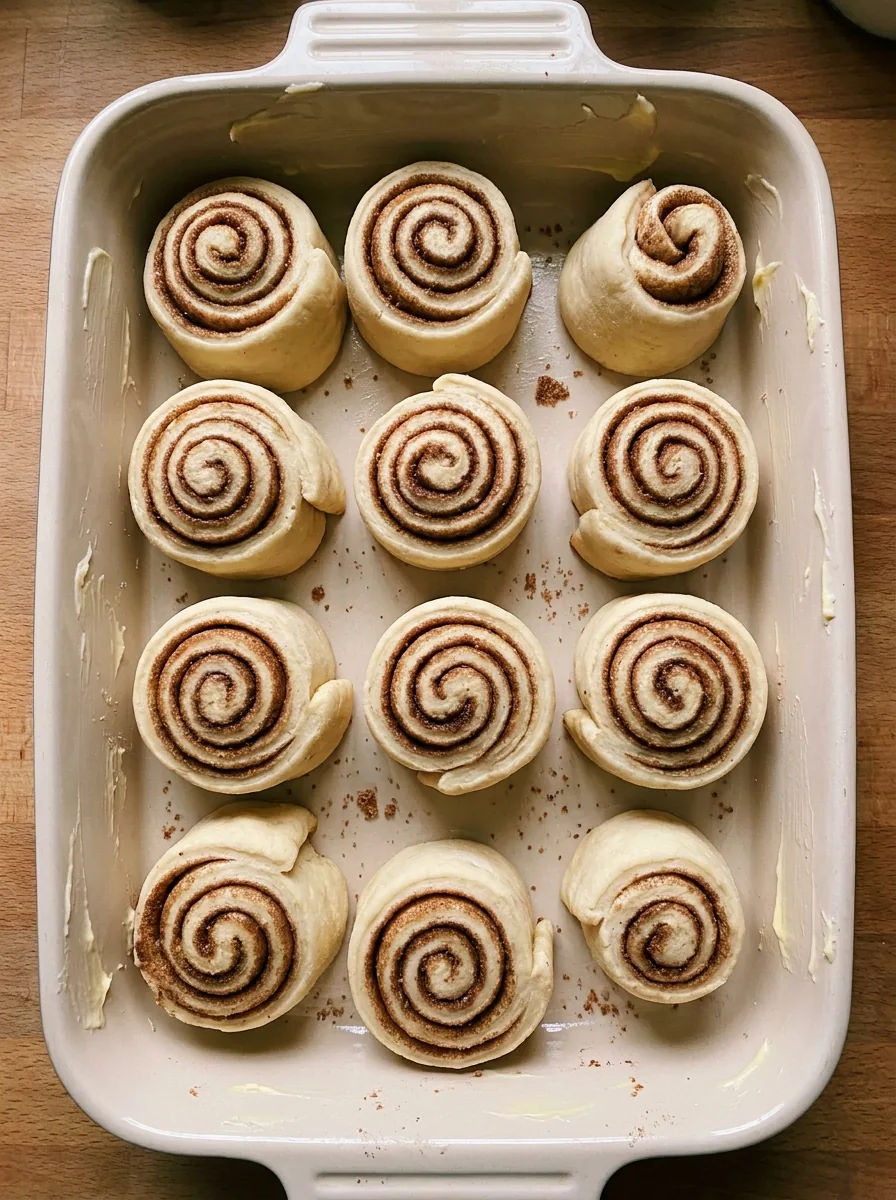 Illustrative geschnittene Zimtschnecken vor der zweiten Gehzeit