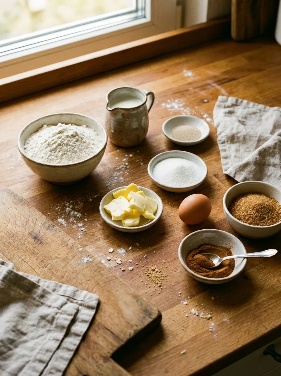 Illustrative Zutaten für Zimtschnecken mit Mehl, Milch, Butter und Zimt