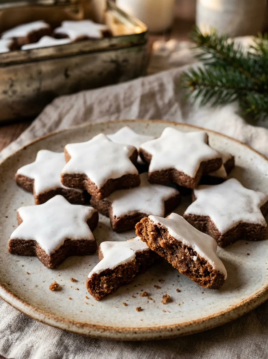 Illustrative Zimtsterne mit weißer Glasur auf einem Weihnachtsteller