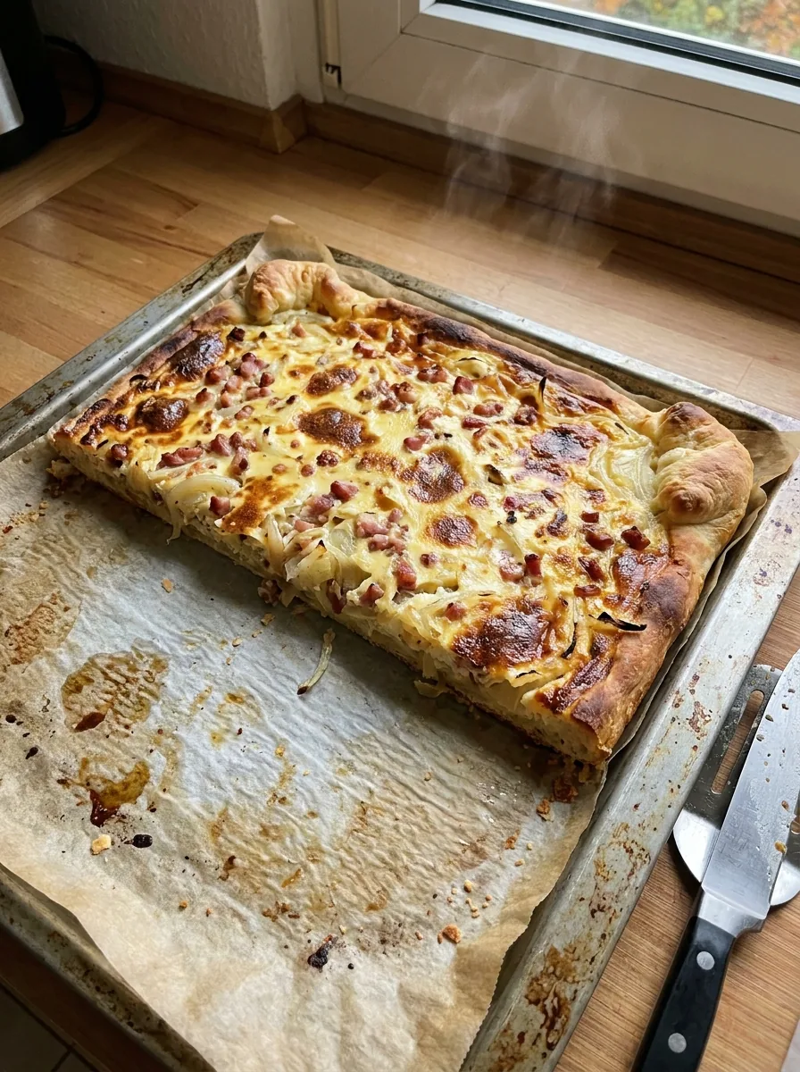 KI-generiertes Bild von frisch gebackenem Zwiebelkuchen auf einem Blech