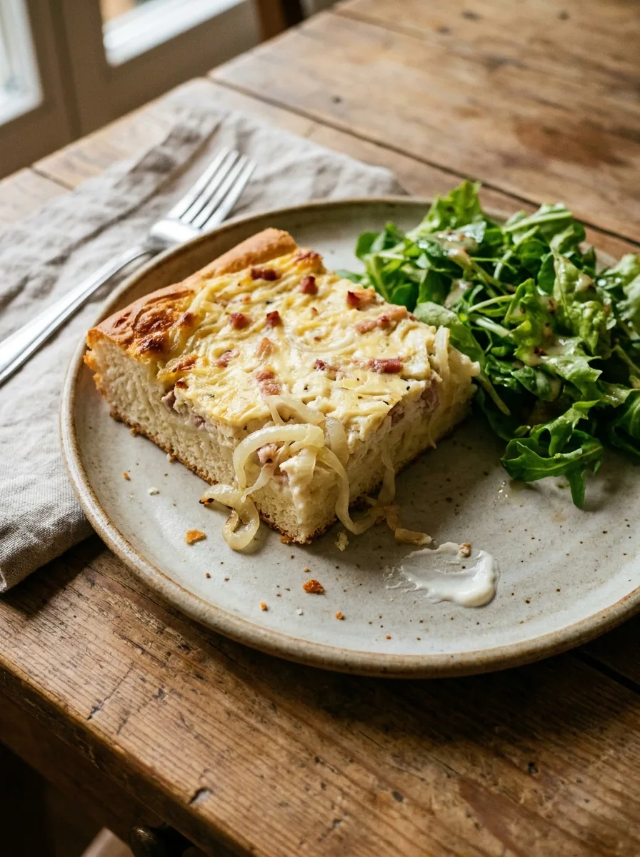 KI-generiertes Bild von einem Stück Zwiebelkuchen mit grünem Salat