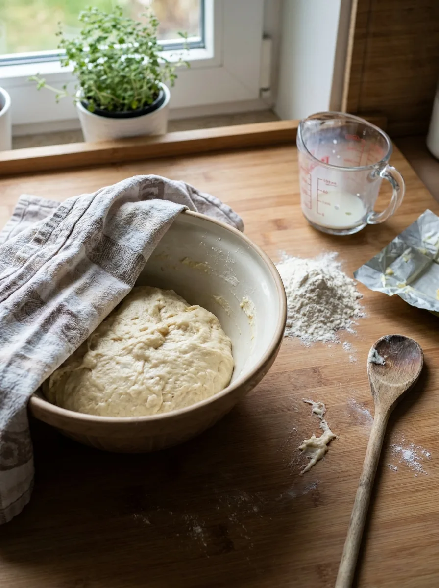 KI-generiertes Bild von Hefeteig für Zwiebelkuchen in einer Schüssel