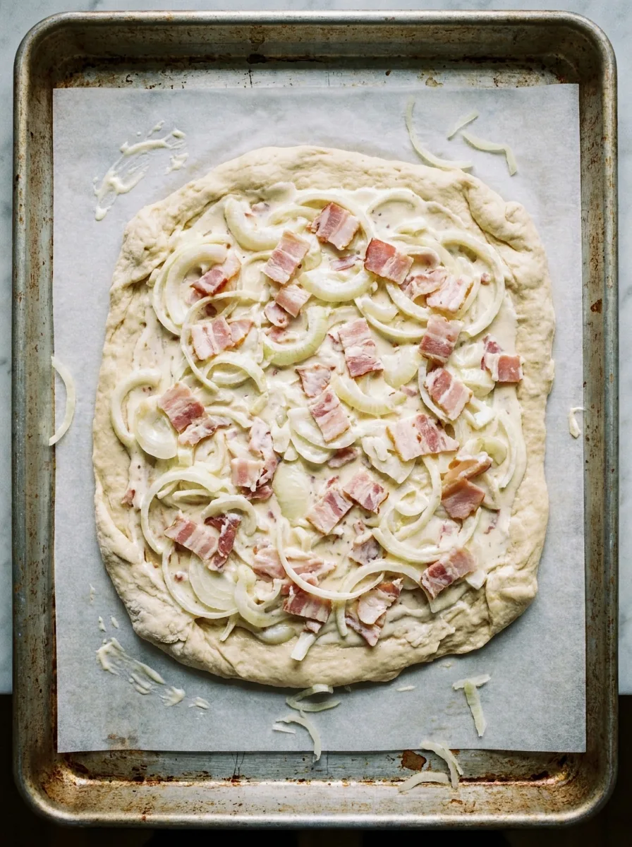 KI-generiertes Bild von ungebackenem Zwiebelkuchen mit Zwiebelbelag auf dem Blech