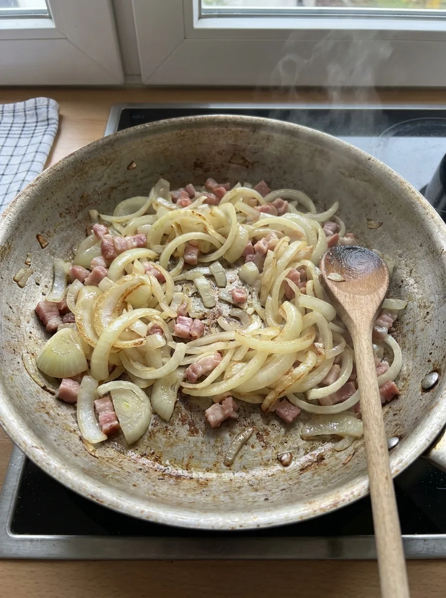 KI-generiertes Bild von gedünsteten Zwiebeln mit Speck in einer Pfanne